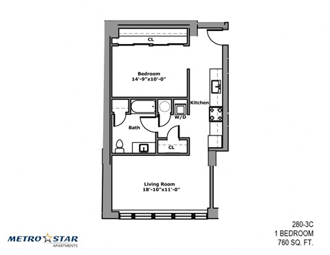 Floor plan for studio, 1 bath, 775 sqft